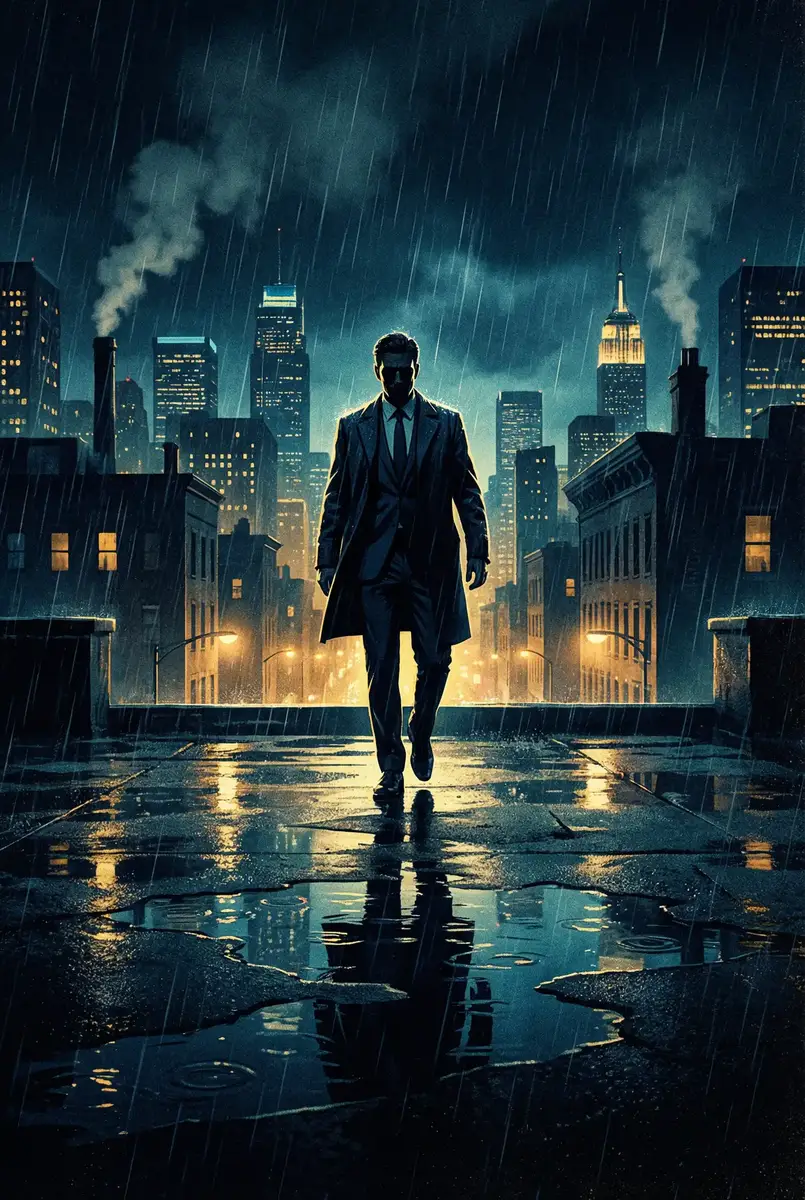 按摩小子 出品影片《雨夜独行者》海报，雨中城市屋顶男性剪影